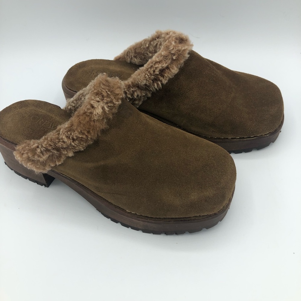 J. Crew Brown Suede Clogs with Faux Fur Trim